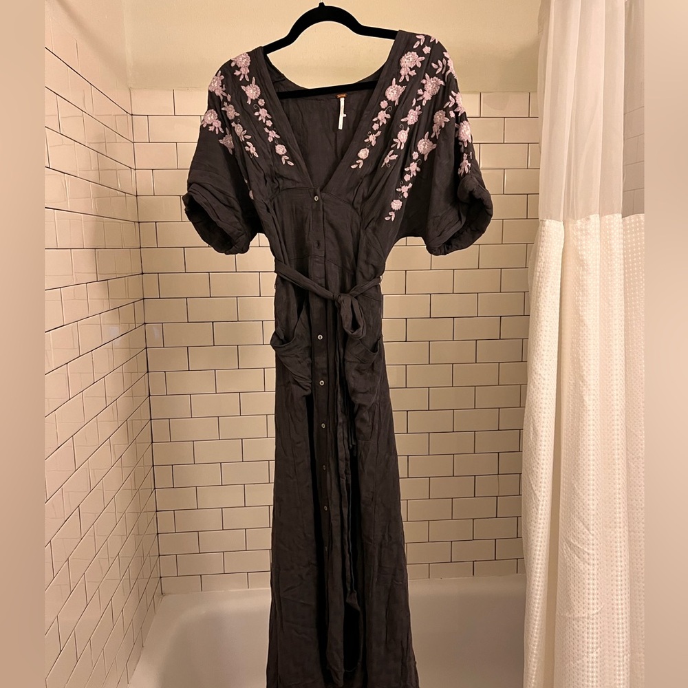 Free People Lilac flower cotton long grey dress Small